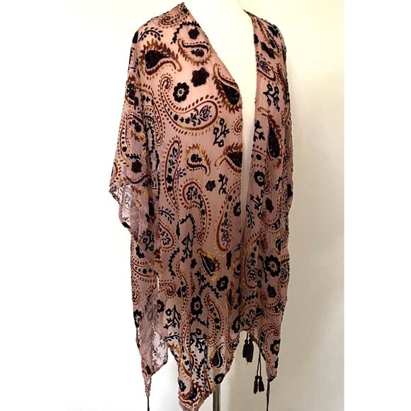 Japna Velvet Burnout Floral Paisley Cape Shawl Tassel Fringe Kimono Boho Chic M - Picture 4 of 9